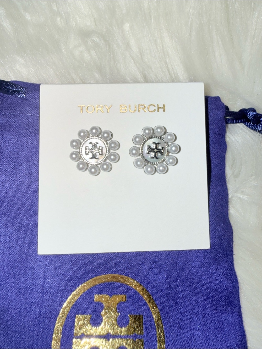 Tory Burch Kira Pearl Logo Stud Earrings in Silver